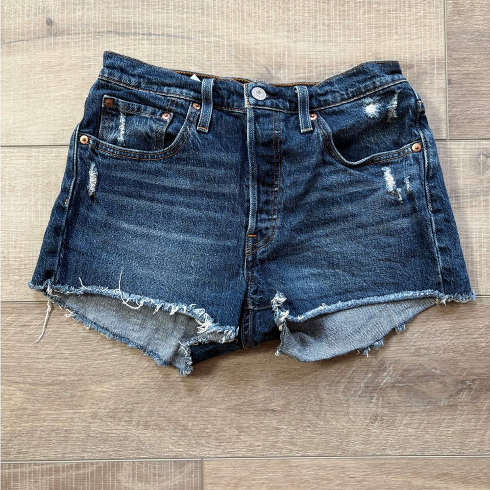 Levi's Dark Blue Distressed Denim Cutoff Shorts